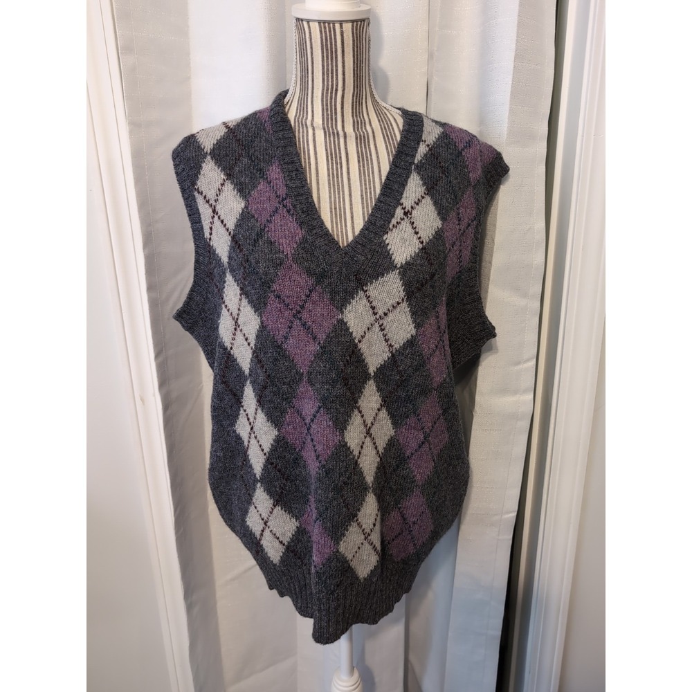 Y2K Preppy 100% Wool Argyle Gray & Purple Sweater Vest Size Large Nerd Professor